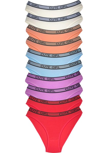 10 Adet Beli Yazılı Pamuklu Kalın Lastik Kadın Slip Külot