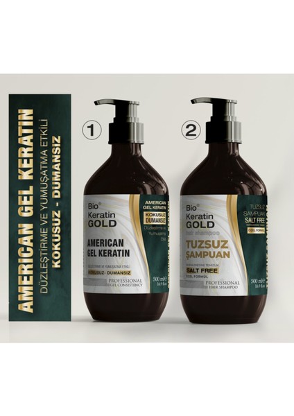 Gold Jel Keratin Seti 2×500 ml – Kokusuz, Dumansız, Tuzsuz Şampuanlı, Normal ve Yıpranmış Saçlar İçin Düzleştirici ve Yumuşatıcı Etki