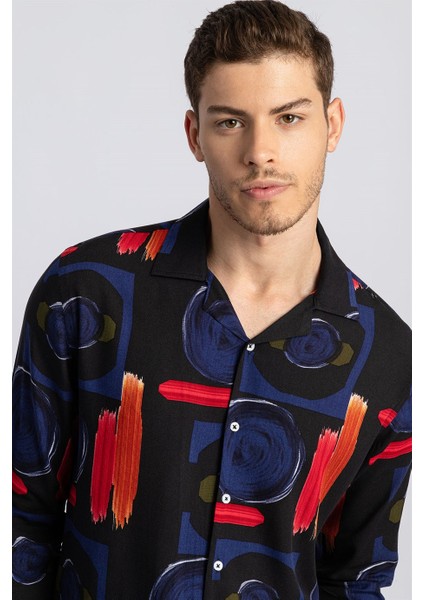Slim Fit Uzun Kol Baskılı Desenli Apaj Yaka Viskon Gömlek