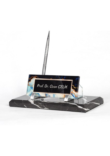 3D Modern Tasarımlı Vilano Beyaz Damarlı Mermer Gümüş Kabartma Masa Isimlik