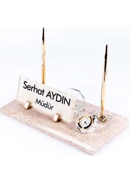 Grand Mermer Isimlik Krem Desenli Ofis Masa Üstü Isimliği