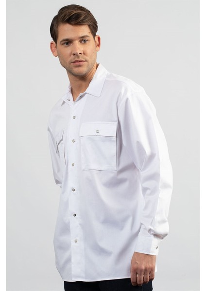 Oversıze Cotton Lyc Gabardin Çift Cep Kapaklı Çıtçıtlı Erkek Gömlek