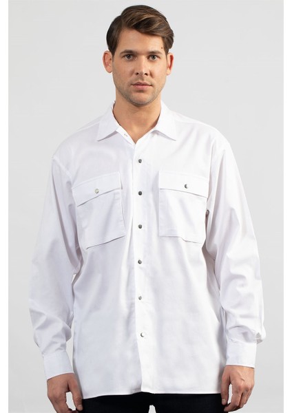 Oversıze Cotton Lyc Gabardin Çift Cep Kapaklı Çıtçıtlı Erkek Gömlek