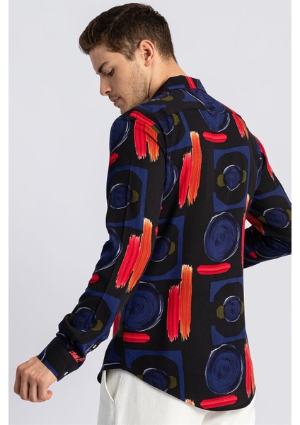 Slim Fit Uzun Kol Baskılı Desenli Apaj Yaka Viskon Gömlek