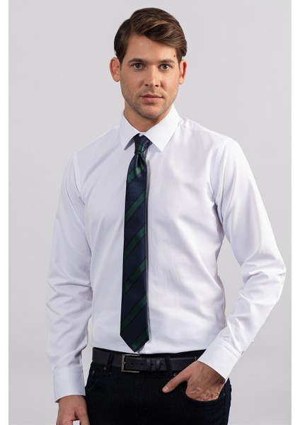 Modern Slim Fit Kendinden Desenli Düz Beyaz Gömlek