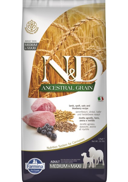 Ancestral Grain Kuzu Etli Yaban Mersini Düşük Tahıllı Yetişkin Köpek Maması 12 kg
