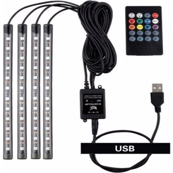 Eraks USB Girişli 12 Ledli Araç Içi Ayak Altı Sese Duyarlı Rgb Şerit LED Aydınlatma