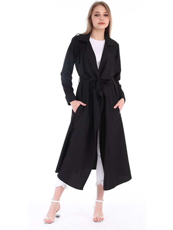 Disentis Modest Apoletli Yanları Yırtmaçlı Kuşaklı Uzun Siyah Kadın Ceket