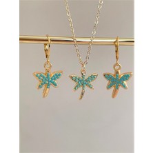 Soiestore Turkuaz Taşlı Yusufcuk Kolye Küpe Set Altın Kaplama