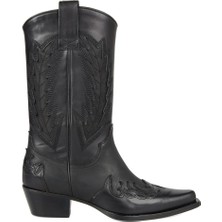 FootCourt Siyah Deri Kadın Kovboy Çizmesi (Kızıl)