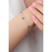 TMT Silver Gümüş Göz Açık Mavi Nazar Boncuklu Iki Sıralı Bileklik