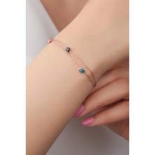 TMT Silver Gümüş Rose Renkli Göz Nazar Boncuklu Çift Zincirli Bileklik