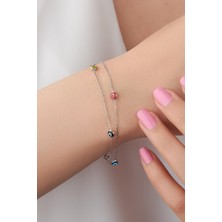 TMT Silver Gümüş Renkli Göz Nazar Boncuklu Iki Zincirli  Bileklik