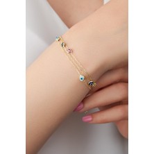 TMT Silver Gümüş Renkli Altın Kaplama Göz Nazar Boncuklu Üç Zincirli Bileklik