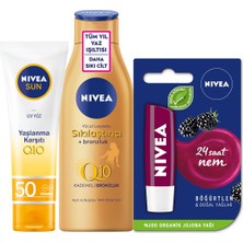 Nivea Sun Yüz Koruma Leke Karşıtı Gkf 50+Q10 Sıkılaştırıcı Vücut Losyon 200 Ml+Böğürtlen Dudak Krem