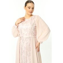 Ladies First Büyük Beden 3704 Pudra Uzun Abiye Elbise