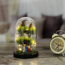 Mobgift Çam Ağacı Altında Sırt Sırta Oturan Aşıklar Tasarımlı Işıklı Fanus (Yeşil)