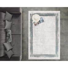 Gümüşsuyu Black&brown Açık Gri Ekru Renkli Modern Dekoratif Eskitme Köşeli Yeşil Çerçeveli Yüksek Kalite Saçaklı Yıkanılabilir Makine Dokuma Halısı Kilim