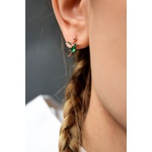 Papatya Silver 925 Ayar Gümüş Rose Kaplama Yeşil Taşlı Çivili Kuş Küpe