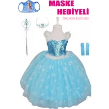 Parti Kırtasiye Frozen Elsa Karlar Ülkesi Kraliçesi Askılı Simli Tarlatanlı Kız Çocuk Mavi Elbise