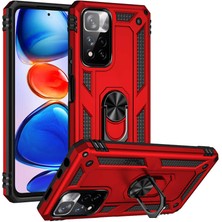 Case World Xiaomi Redmi Note 11 Pro Kapak Military Yüzüklü Stantlı Panzer Tank Kılıf - Kırmızı