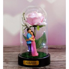 Mobgift Kişiye Özel Gül Altında Çifte Kumrular Tasarımlı Işıklı Fanus (Pembe)