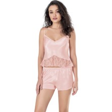 Primoda Somon Saten Babydoll Şort Takımı 9116