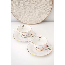 Bursa Porselen Dekor Kırmızı Gül Altın Yaldızlı Bone 2 Kişilik Çay Fincan Takımı