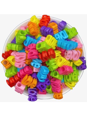 Hedef Bijuteri Love Yazılı Karışık Renkli Plastik Takı Yapım Boncuğu, Karışık Renkli Boncuk (25GR,~30 Adet)