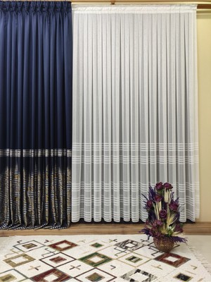 Perhal Yatay Çizgi Desenli Simli Pilesiz Tül Perde