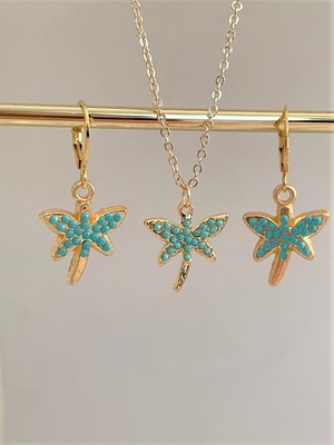 Soiestore Turkuaz Taşlı Yusufcuk Kolye Küpe Set Altın Kaplama