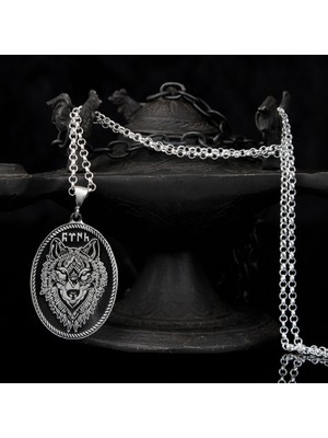 Takılingo 925 Ayar Gümüş Göktürkçe Türk Yazılı Kurt Başlı Doç Zincirli Erkek Kolye