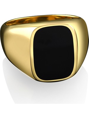 Bysilverstone Oniks Siyah Taşlı Oval Dikdörtgen Altın Kaplamalı Yüzük