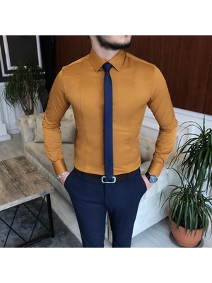 Terzi Adem Italyan Stil Slim Fit Erkek Kravat Yaka Gömlek Hardal T6819