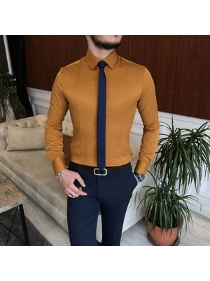 Terzi Adem Italyan Stil Slim Fit Erkek Kravat Yaka Gömlek Hardal T6819