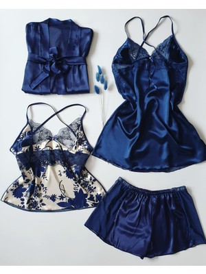 Çeyize Dair Herşey Lacivert 4 Lü Saten  Sabahlıklı Şort Takım 5924