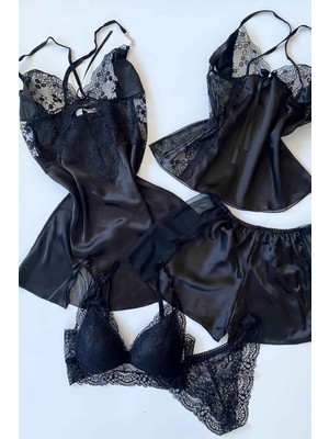 Çeyize Dair Herşey Black 5 Li Gecelik ve Şortlu Set 6002