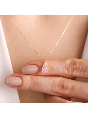 Sembol Gold Altın Baget Kolye Pink Topaz