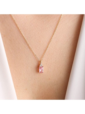 Sembol Gold Altın Baget Kolye Pink Topaz