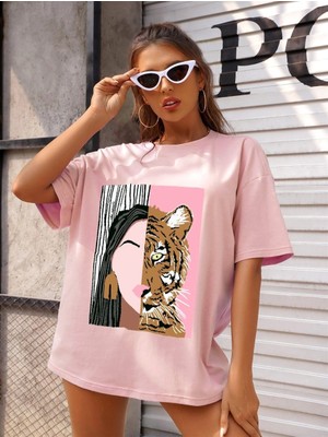 Trendseninle Kadın Pudra Pembe Leopar Baskılı Oversize T-Shirt