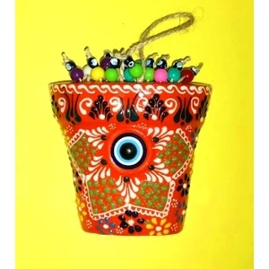 Çini Işlemeli Saksı Figürlü Renkli Boncuklu Bahçe Duvar Balkon Süsü 20 cm