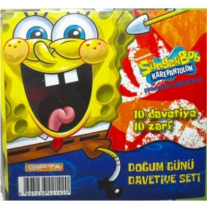 Doğum Günü Davetiye Seti  Süngerbob Karepantolon 10 Kart + 10 Zarf