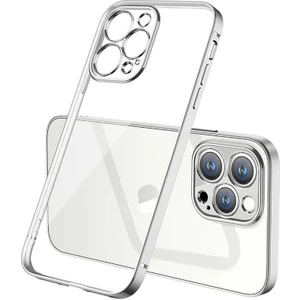 Case 4U Apple iPhone 13 Pro Max Kılıf Renkli Kenar Elektroplatin Kaplama Darbeye Dayanıklı Şeffaf Yüzey Gbox Kapak Gümüş