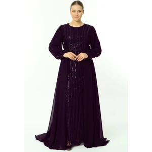 Ladies First Büyük Beden 3703 Patlıcan Uzun Abiye Elbise