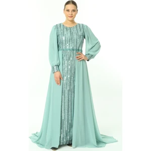 Ladies First Büyük Beden 3703 Küf Yeşili Uzun Abiye Elbise