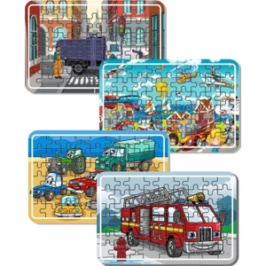 Çöp Kamyonu, Itfaiye Arabası ve Taşıtlar 54 Parça 4'lü Ahşap Puzzle Set PUZ1708