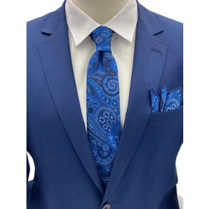 Mavi Şal Desen Kravat Mendil Set
