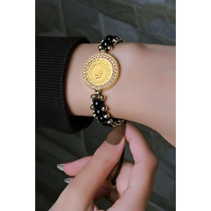 Aytek Gold Siyah Incili Çeyrekli Bileklik