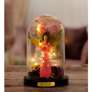 Kişiye Özel Gül Altında Canım Annem Tasarımlı Işıklı Fanus (Pembe)