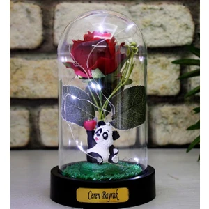 Kişiye Özel Gül Altında Kalp Tutan Panda Tasarımlı Işıklı Fanus (Kırmızı)
